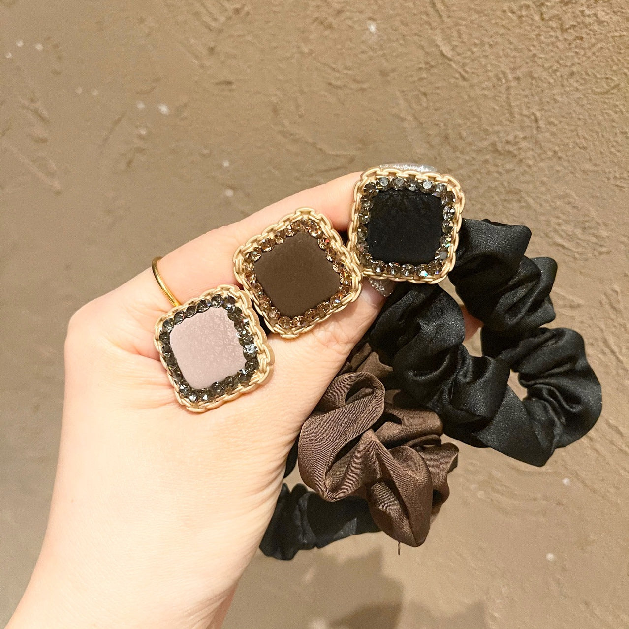 Leather Square Rhinestone Hair Ring Forest Temperament Large Intestine Ring