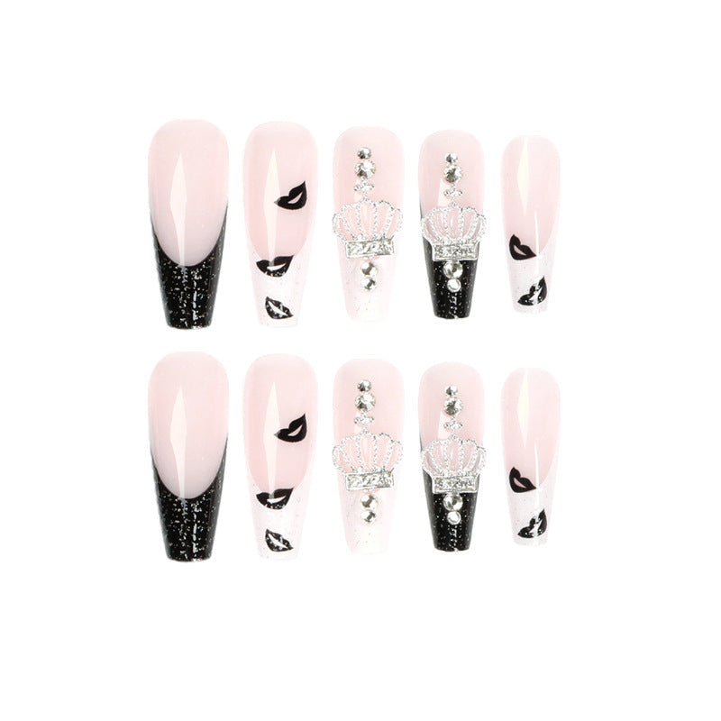 Wear A Nail Piece Long Ballet Black And White Lip Print Nail Beauty Rhinestone Removable Patch