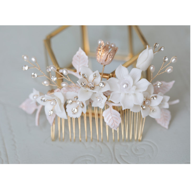 Ceramic Flower White Complex Rhinestone Hair Comb