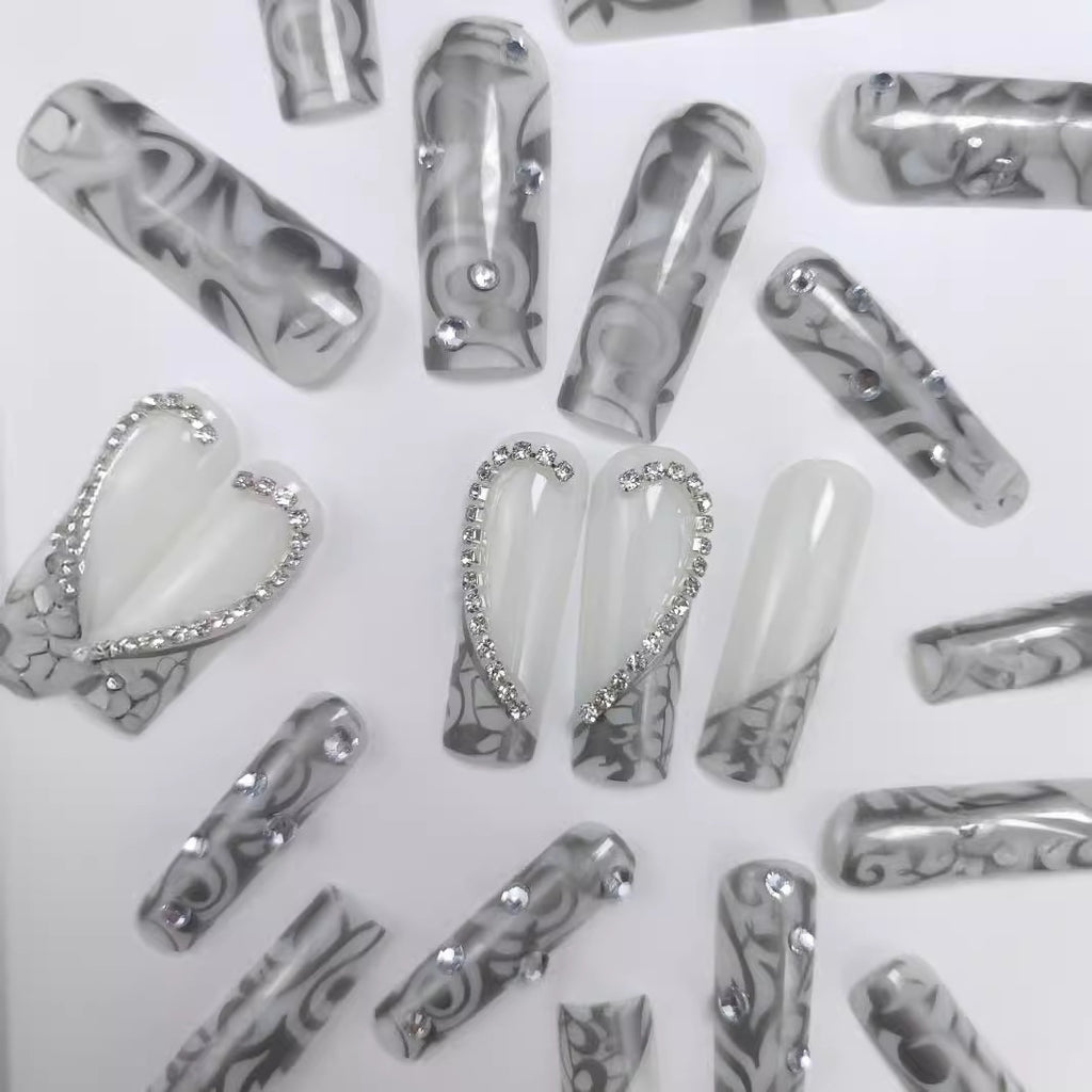 Diamond Long Square Black French Manicure Three-dimensional Love Diamond In The Debris Wear Nail