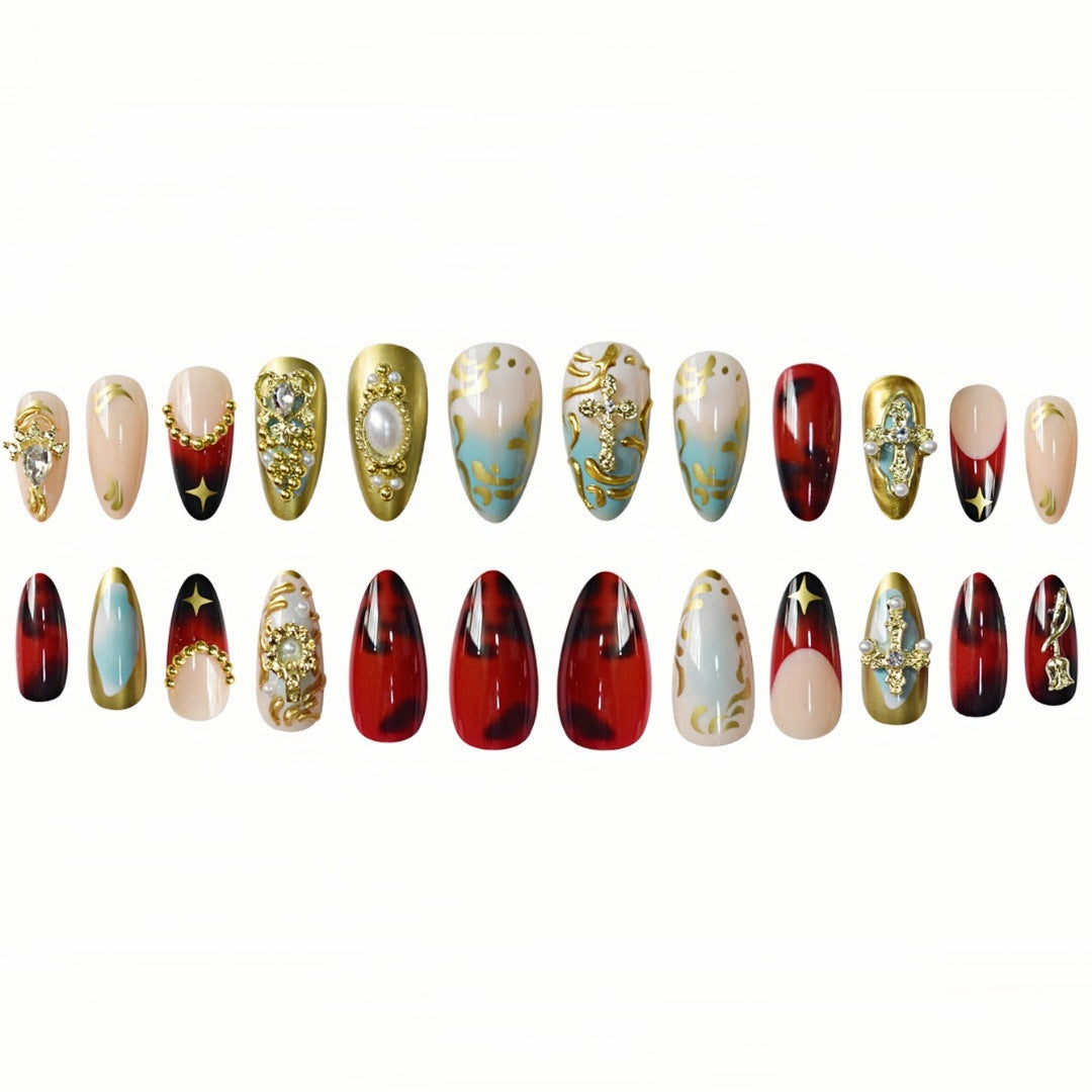 Best-selling Wine Red Gold Edge Wear Nail Patch Almond