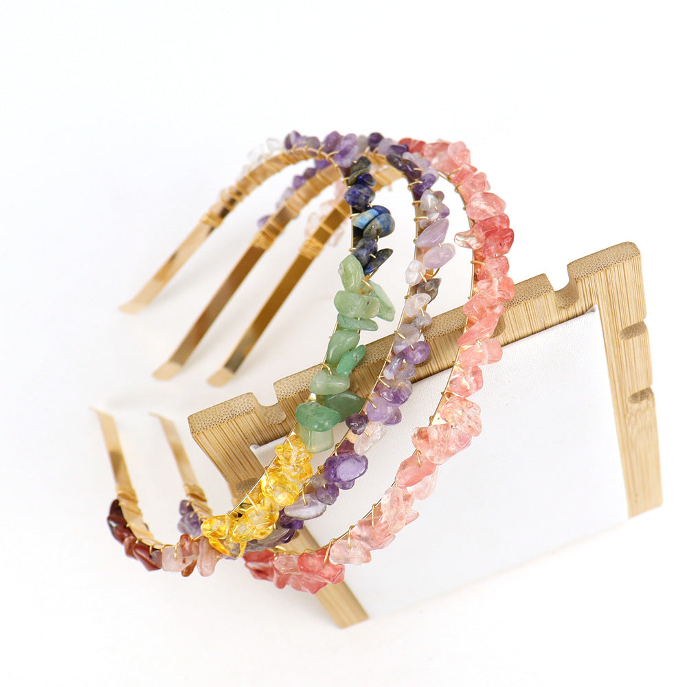 Winding Golden Double Row Natural Crystal Gravel Headband
