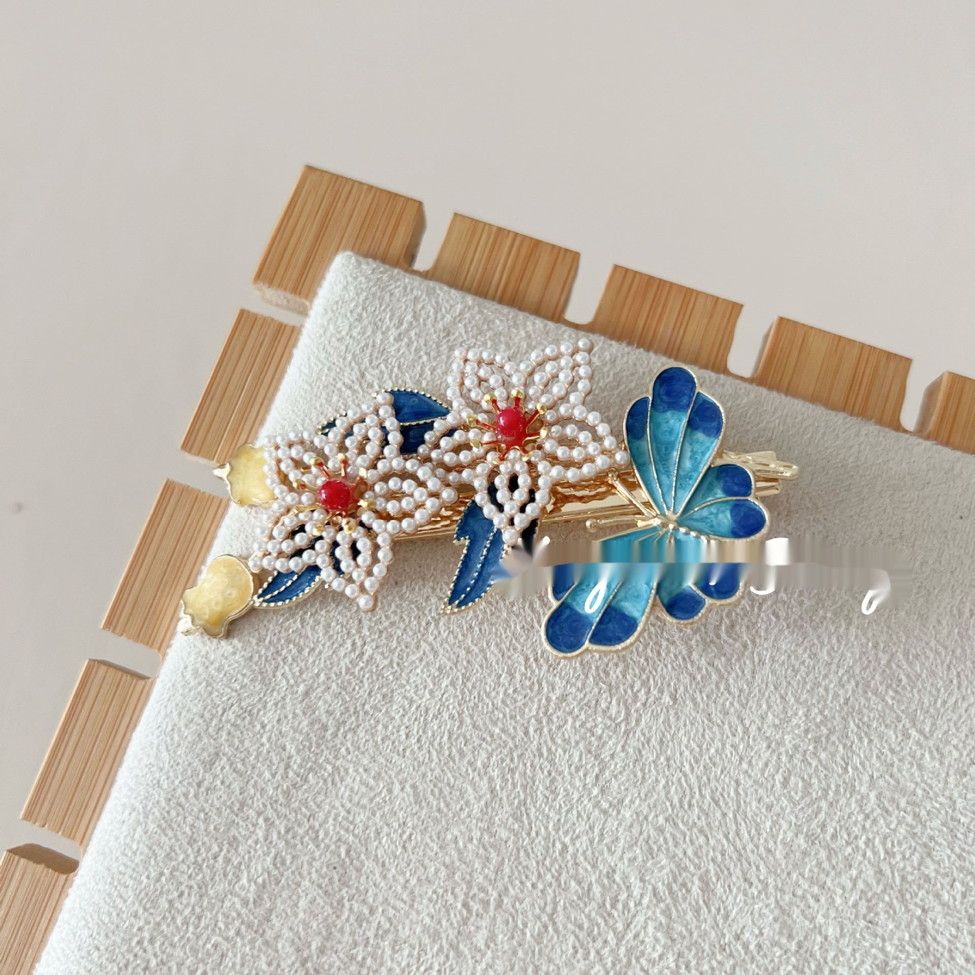 Antique Burning Blue Auspicious Cloud Pearl Butterfly Barrettes Fringed Headwear
