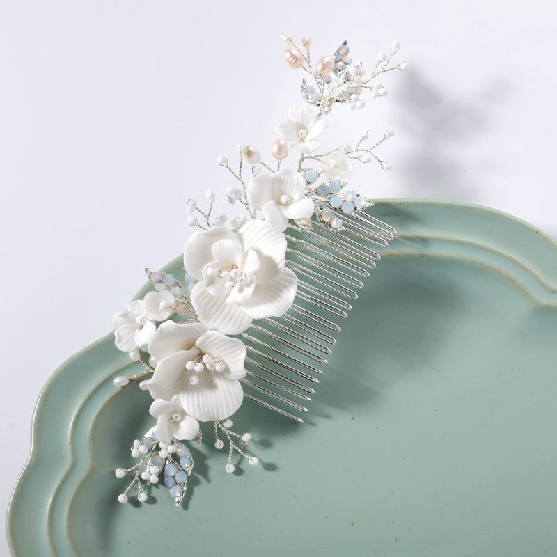 Women's Ceramic Floral Rhinestone Pearl Hair Comb