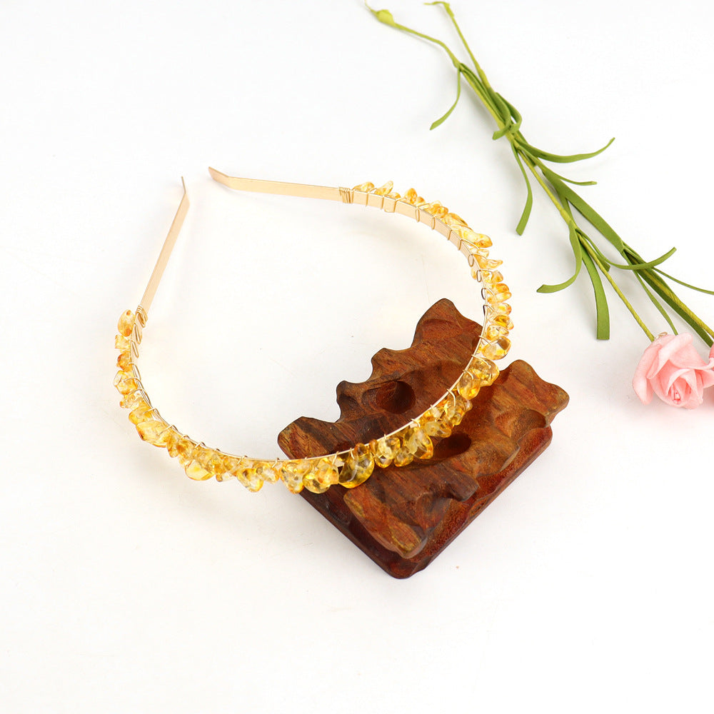 Winding Golden Double Row Natural Crystal Gravel Headband