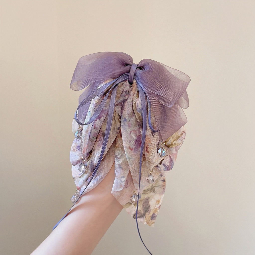 Purple Mesh Chiffon Floral Grip Half Tie