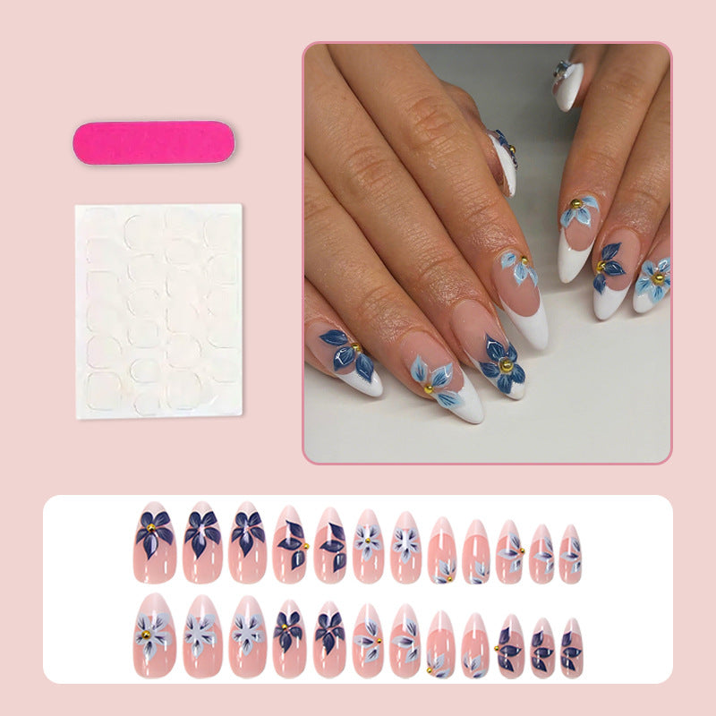 French Non-drip Retro Blue Floral Sweet Nail Art