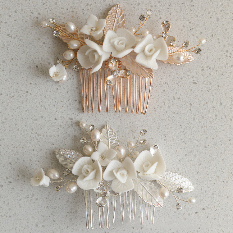 Ceramic Flower Freshwater Pearl Metal Hair Comb Bridal Headpiece