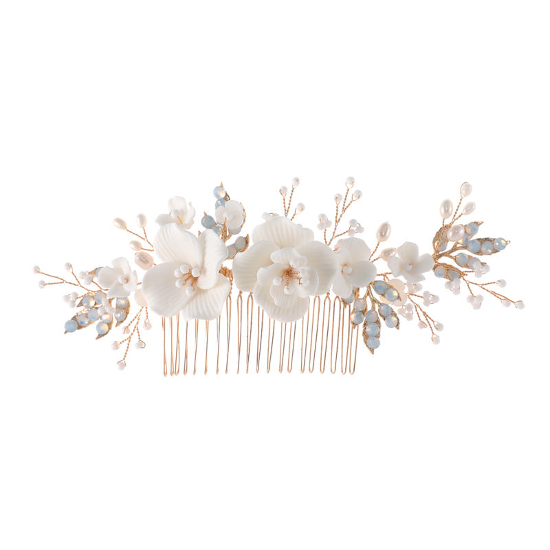 Women's Ceramic Floral Rhinestone Pearl Hair Comb