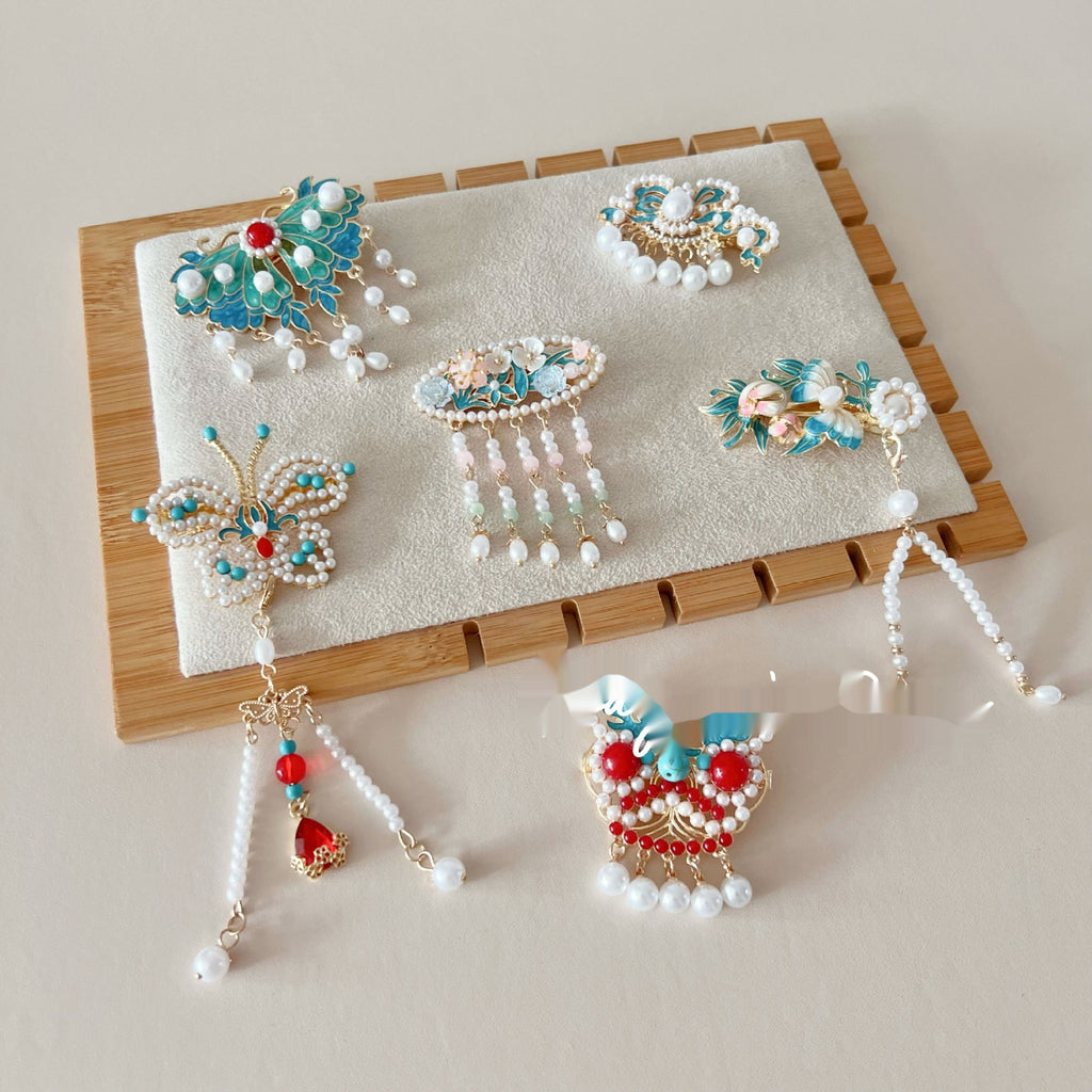 Antique Burning Blue Auspicious Cloud Pearl Butterfly Barrettes Fringed Headwear