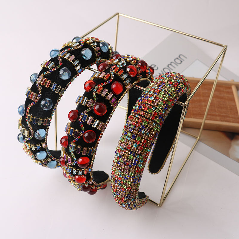 European And American Baroque Color Rhinestone Sponge Hair Hoop