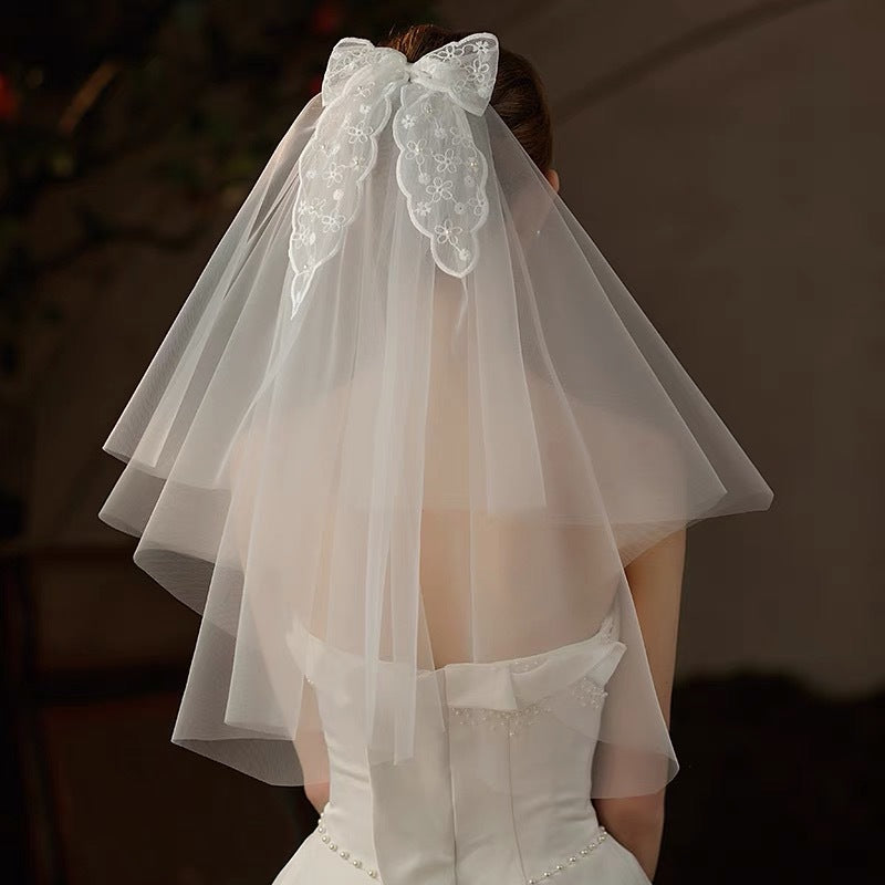 Ribbon Big Bow White Veil Hair Comb Wedding Bride