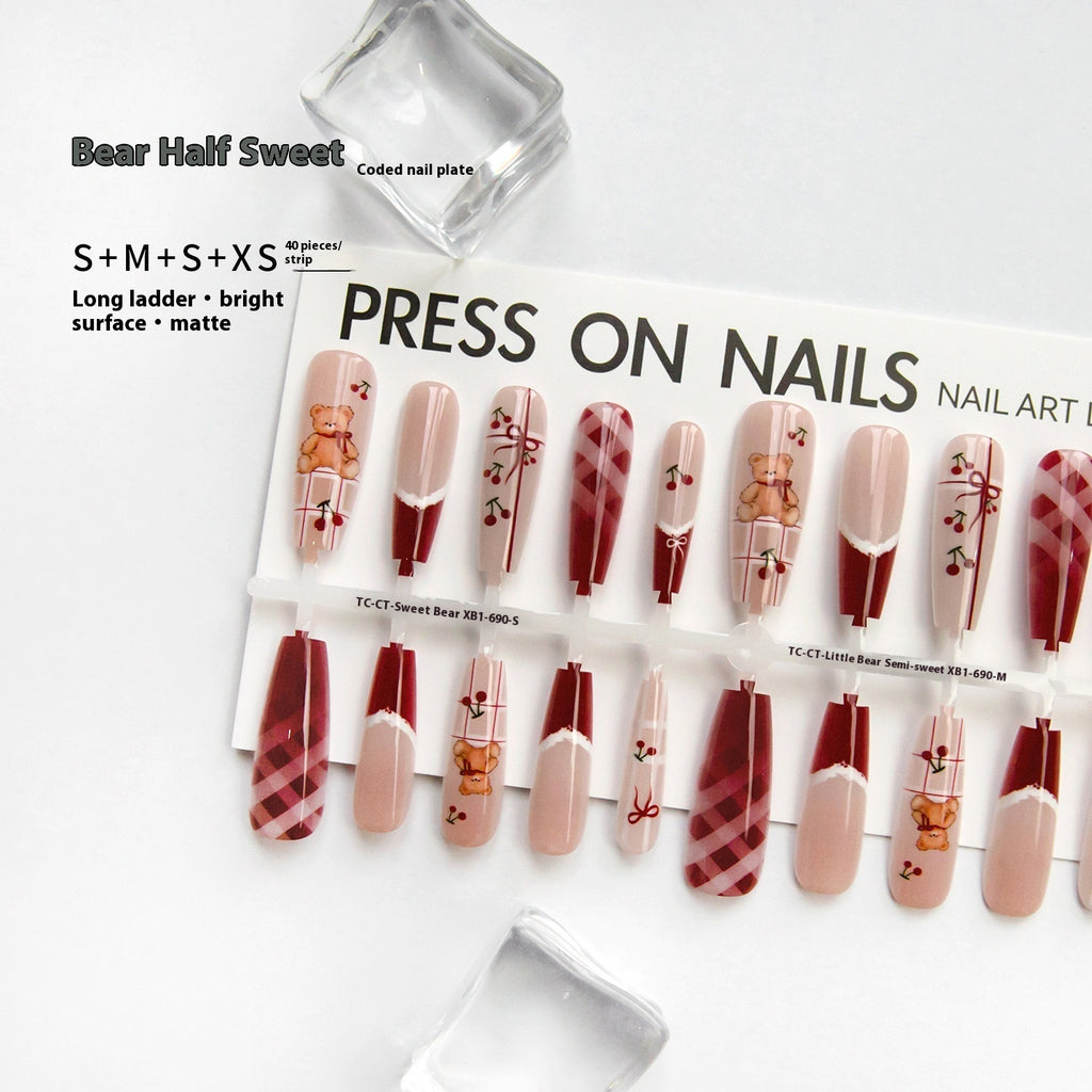 Press On Nails Semi-finished Product Wearing Nail Two-dimensional Cartoon Bear New Year Red Series Prefabricated Wearing Nail