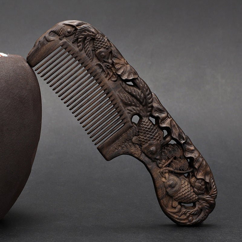 Wooden Ebony With Handle 180 Double-sided Carved Comb