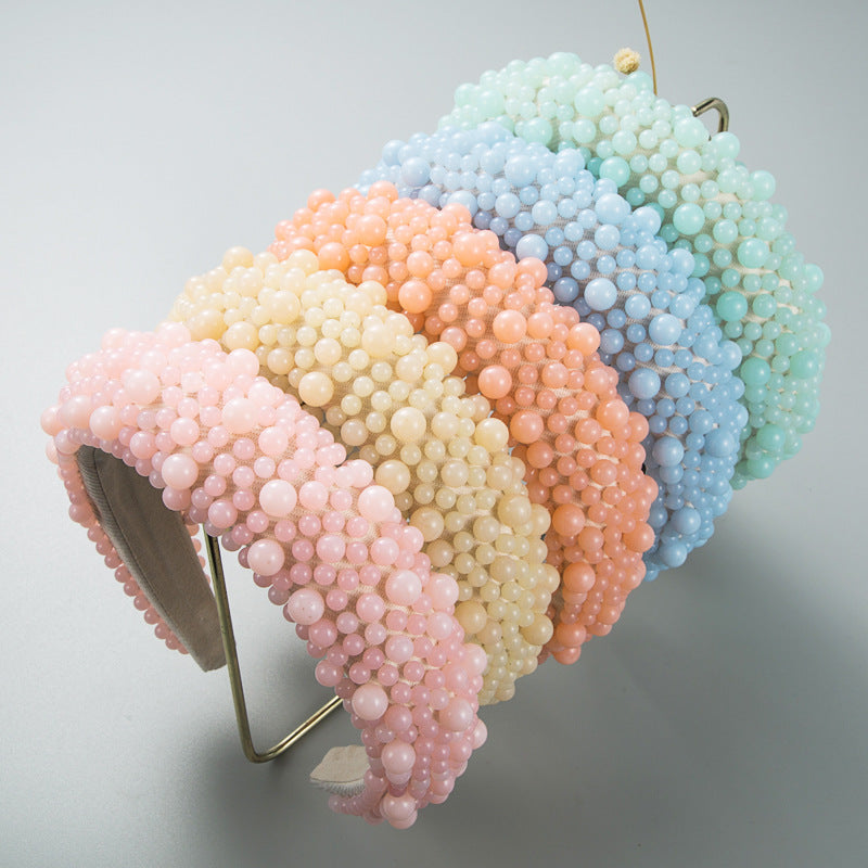 Handmade Beaded Pearl Headband Jelly Color Female Sponge