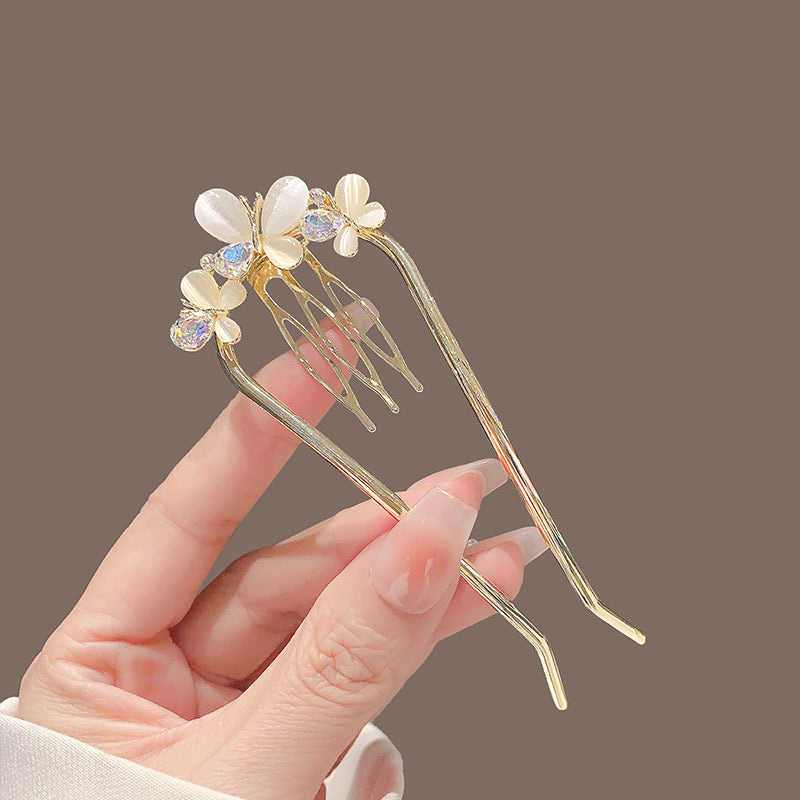 New Chinese Elegant Pearl Butterfly U-shaped Hair Pin Advanced Back Head Updo
