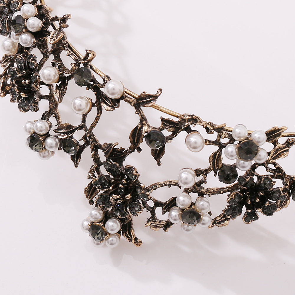 Floral Paved Black Diamond Pearl Baroque Bridal Tiara