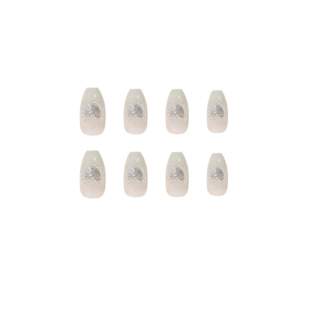 Elegant Gradient Gray Peach Heart Pearl Wear Finished Nail Beauty Removable Nail Tip
