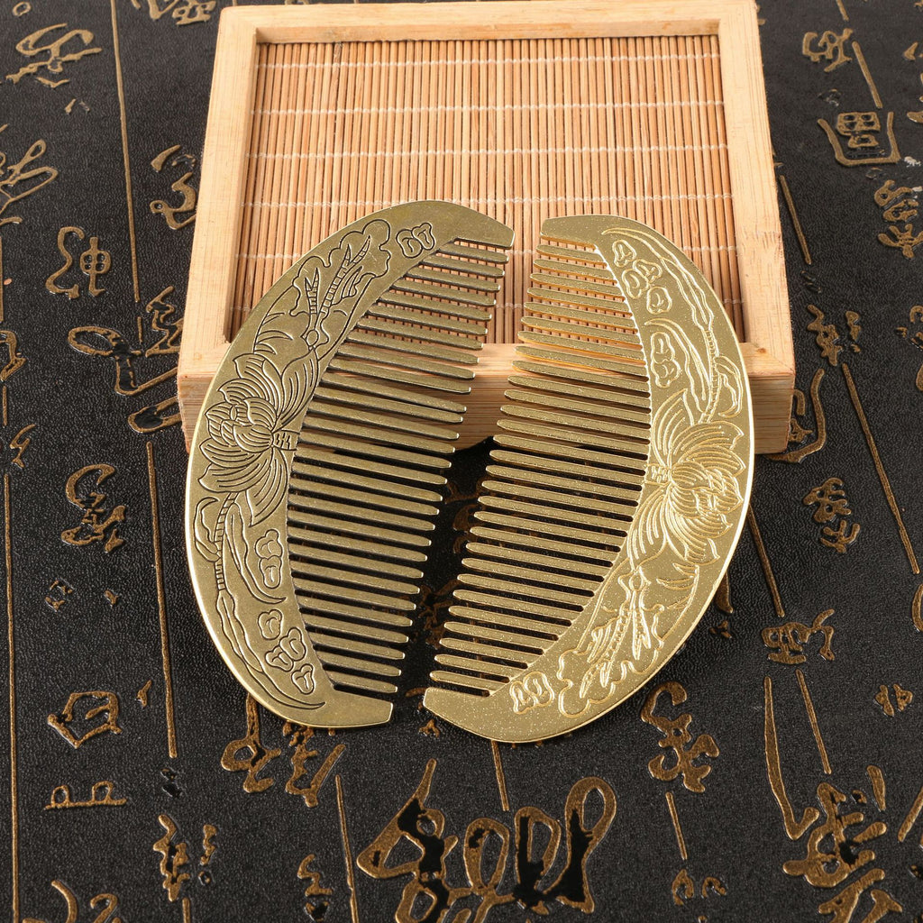 Retro Anti-static Lotus Carved Brass Comb