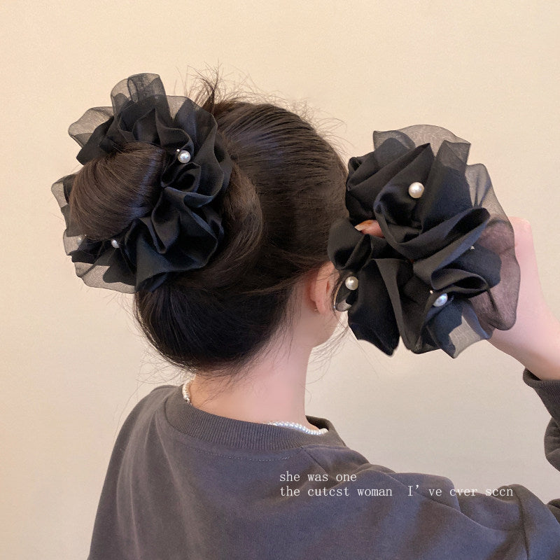 Black Mesh Pearl Hair Tie For Women