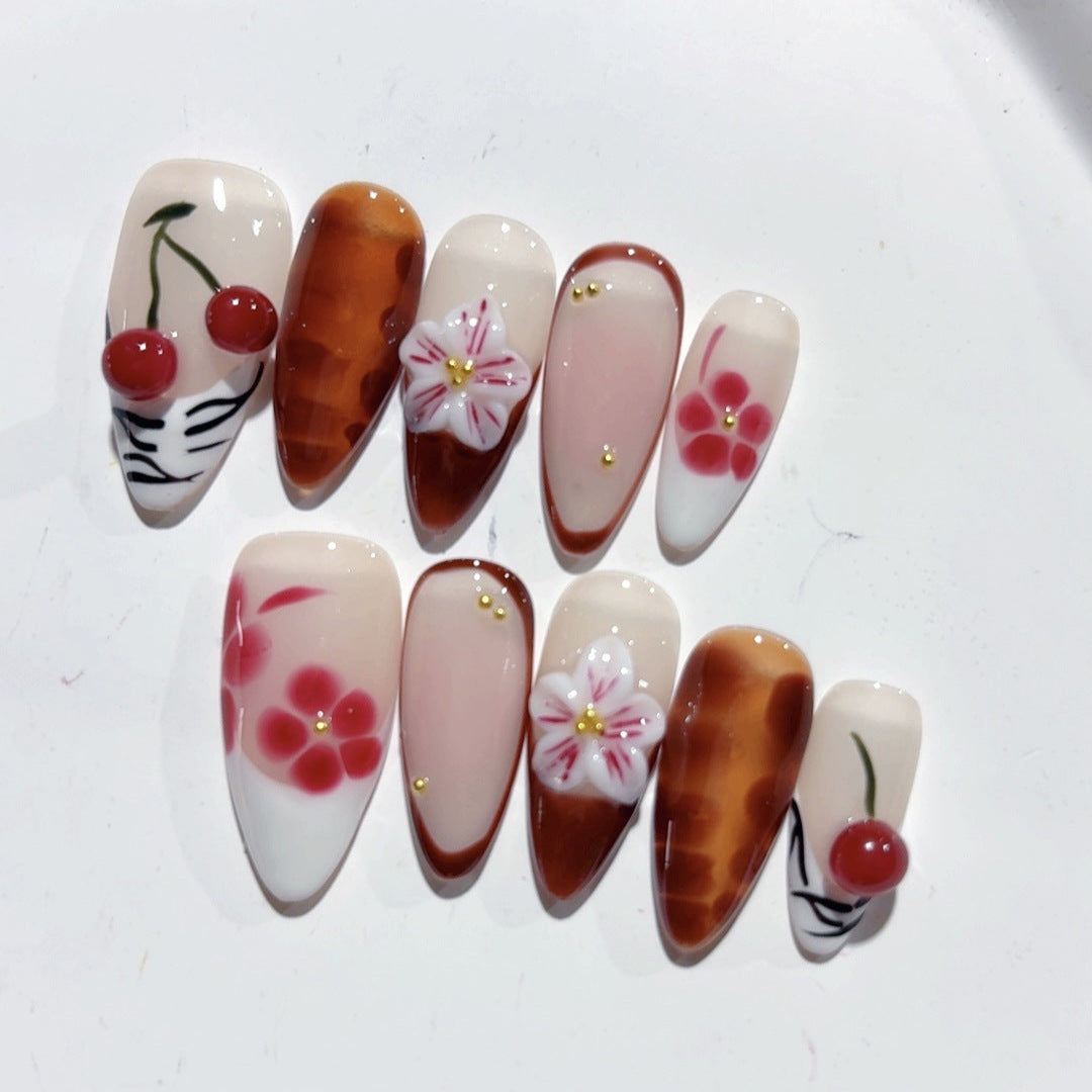 Amber Almond Luxury Press On Nail Three-dimensional Carved Autumn And Winter Painted Cherry