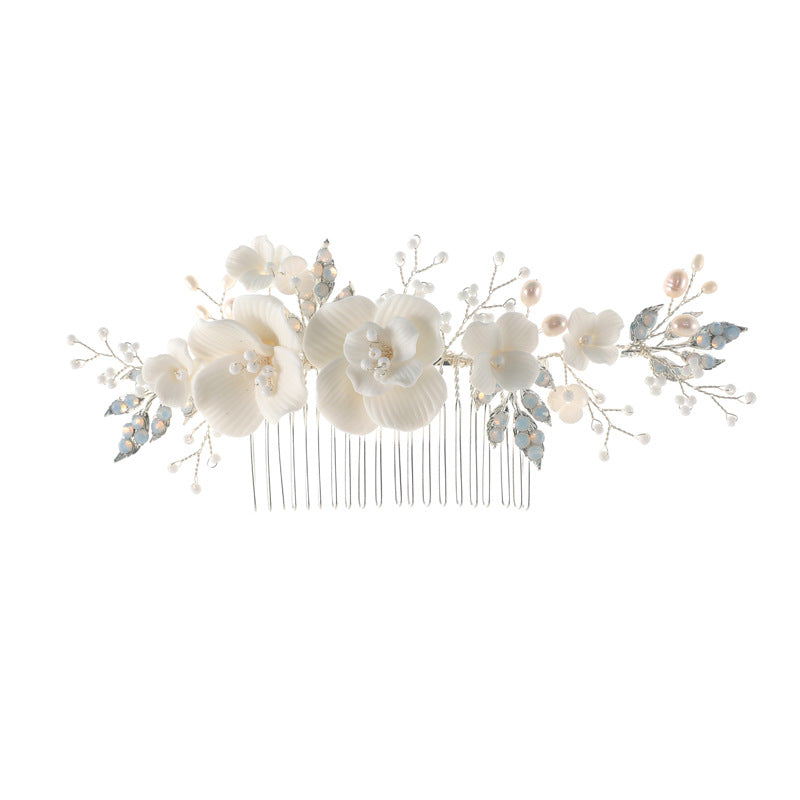 Women's Ceramic Floral Rhinestone Pearl Hair Comb