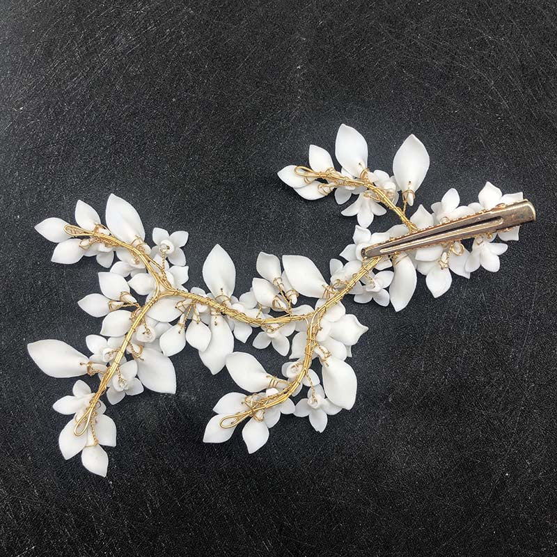 White Ceramic Flower Golden Hair Comb