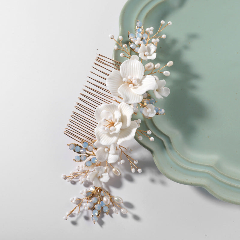 Women's Ceramic Floral Rhinestone Pearl Hair Comb