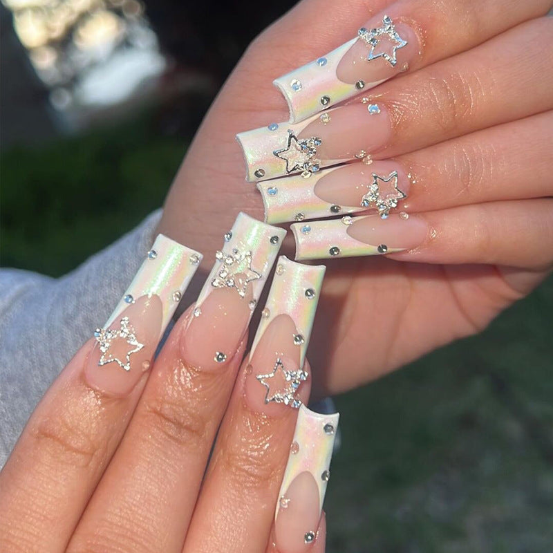 Wear Armor Long French Five-pointed Star Flash Diamond Nail Stickers Nail Tip