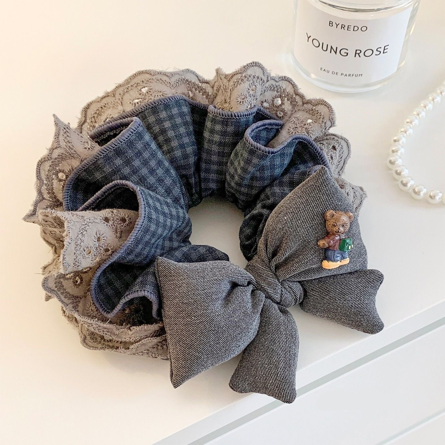 Stylish Gray Lace Plaid Bow Hair Tie For Women
