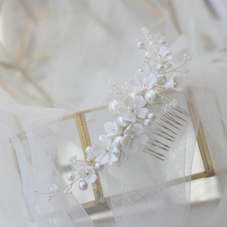 White Ceramic Flower Bridal Hair Comb Shell