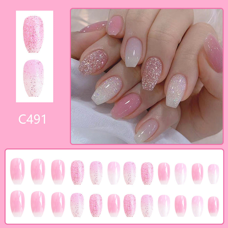 Short Trapezoid Glossy Glitter Gradient Coloring Wear Nail Stickers