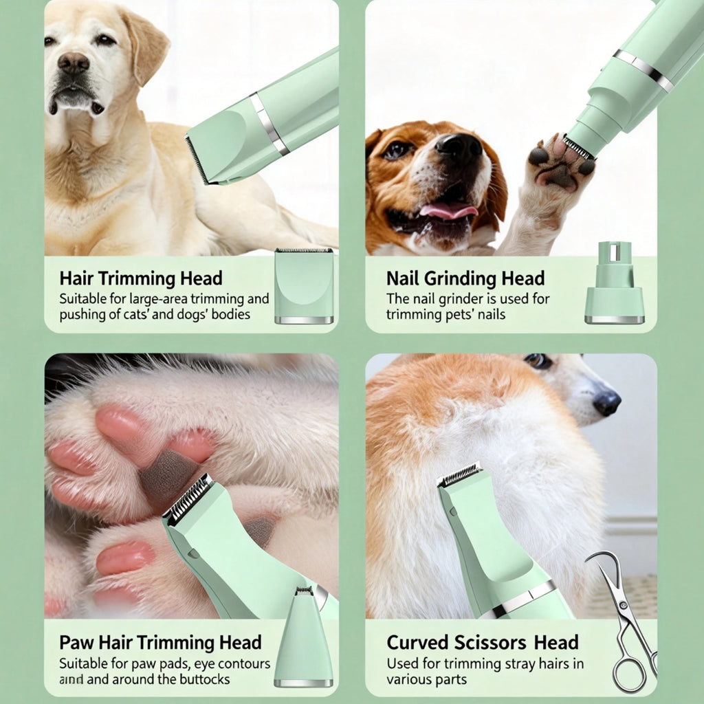 4-in-1 Pet Grooming Kit For Small Dogs Cats, Professional Quiet Rechargeable Hair Trimmer With 4 Interchangeable Heads, Low Noise Paw Nail Grinder Body Clipper