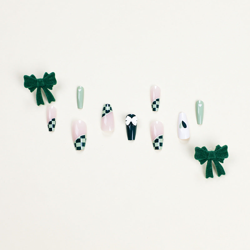 Wearing Nail Nail Stickers Matcha Chessboard Grid Manicure White Nail Patch Wearable Manicure Wholesale Nails