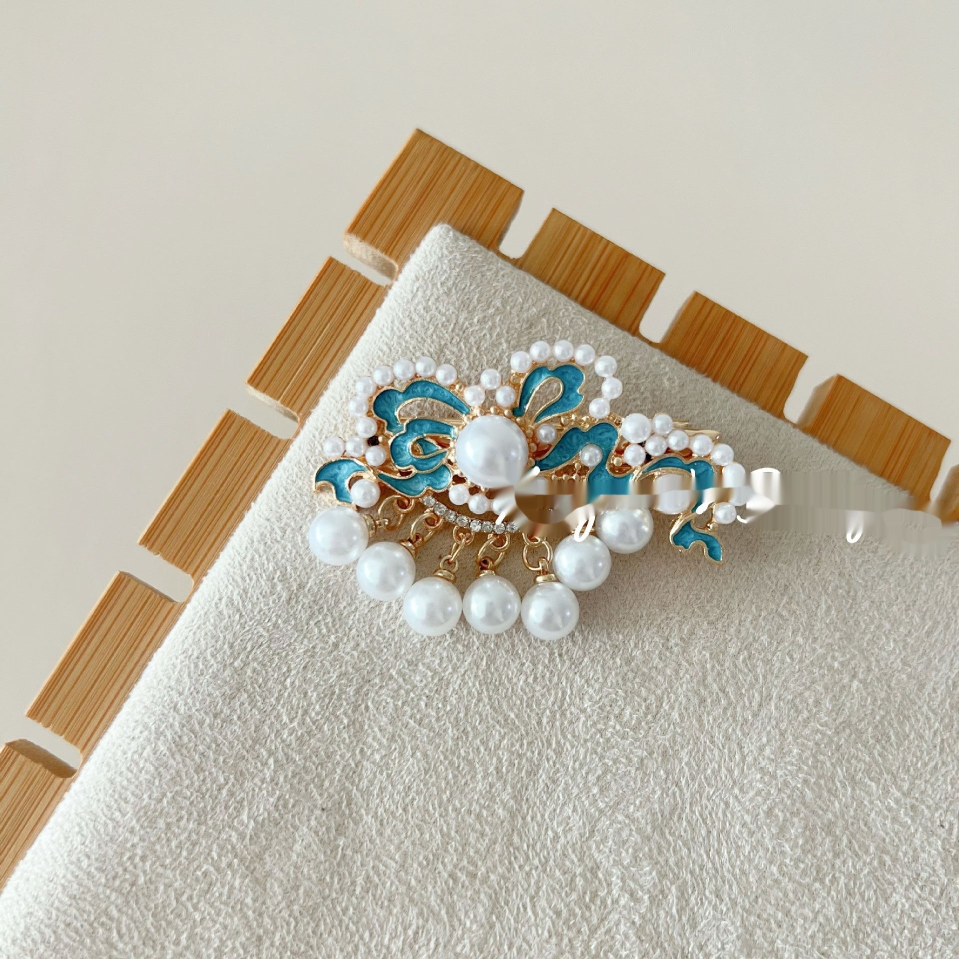 Antique Burning Blue Auspicious Cloud Pearl Butterfly Barrettes Fringed Headwear
