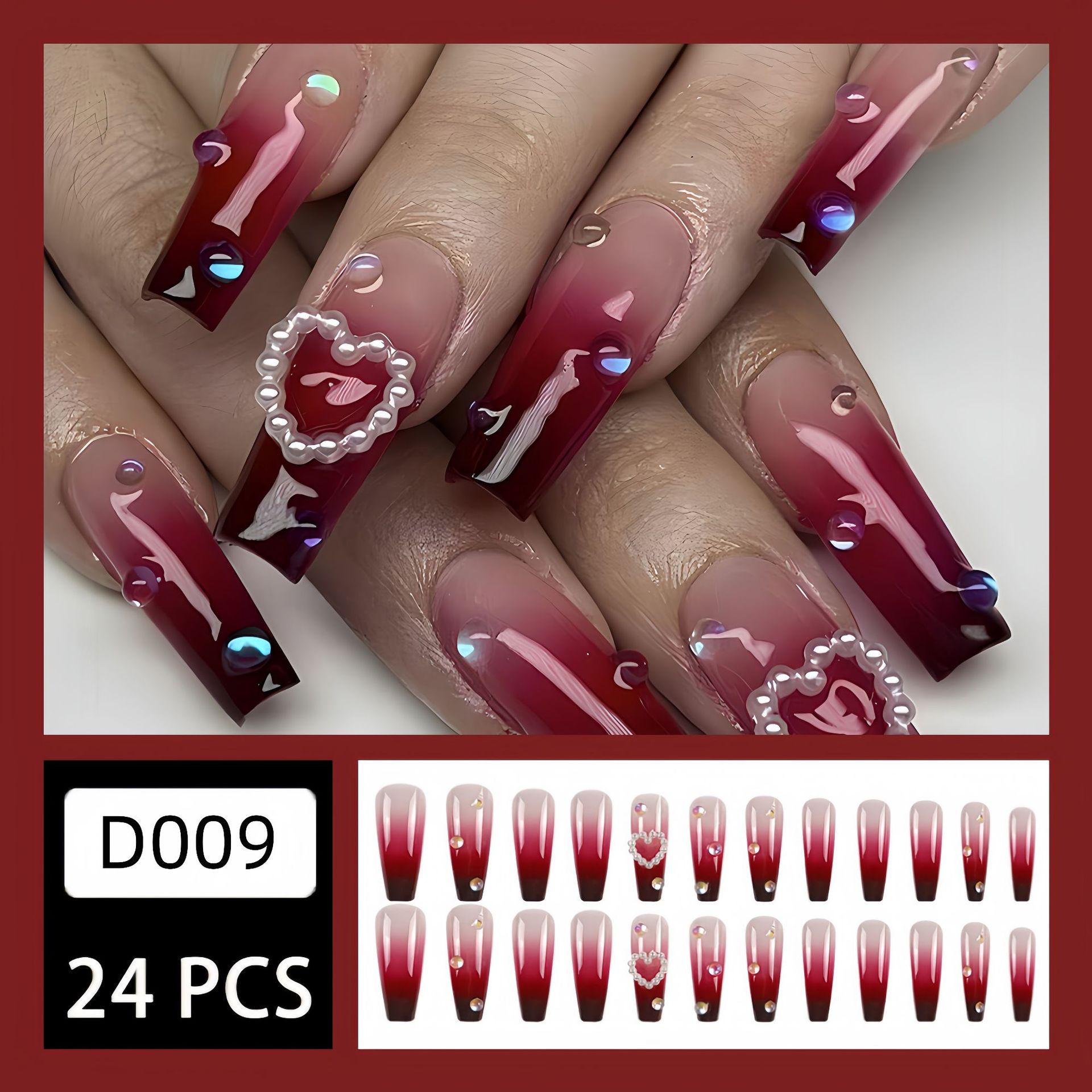 Pearl Heart Wine Red Gradient Wear Fake Nail Tip