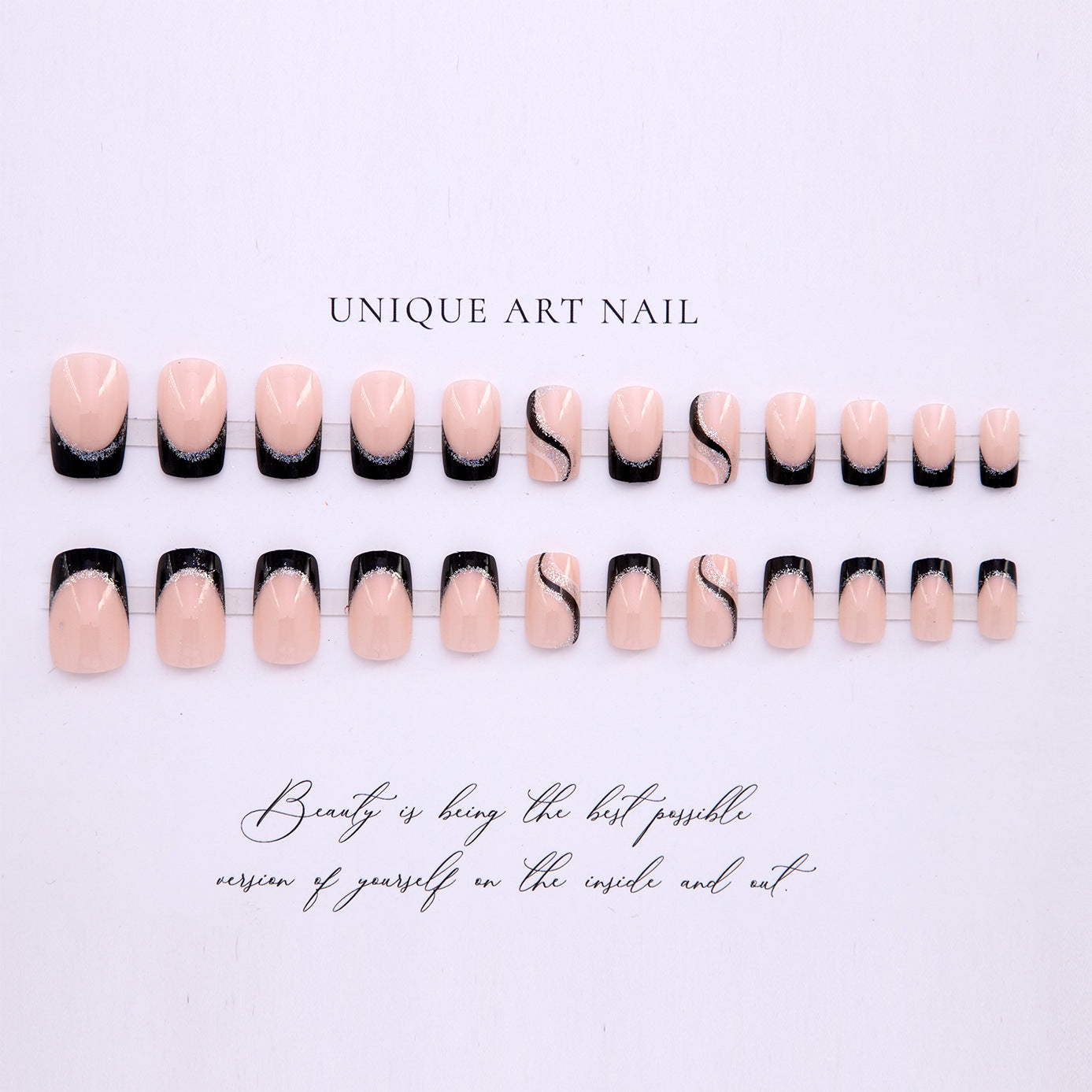 Long Square Black Glitter Lines Nail Art Sticker