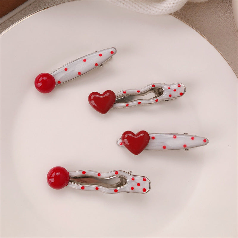 Red Stereo Love Heart-shaped Hairpin French Retro Dots Willow Leaf Clip
