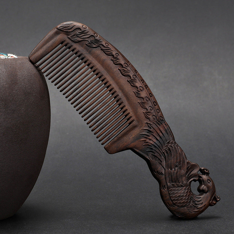 Wooden Ebony With Handle 180 Double-sided Carved Comb