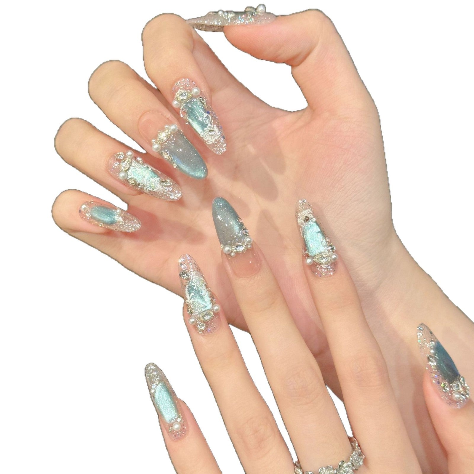 Ice-transparent Blue Crystal Cat-eye Pearl Whitening Nail Stickers