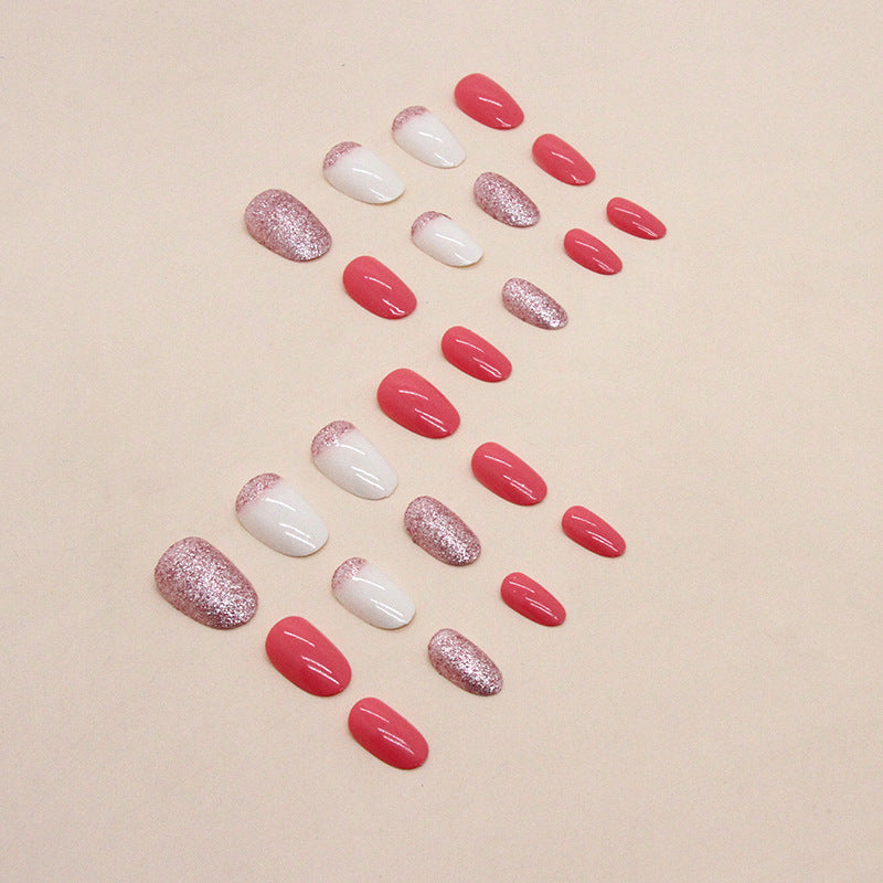 Oval Round Head European And American Ins Style Fresh Sweet Summer White Rose Pink Wear Nail