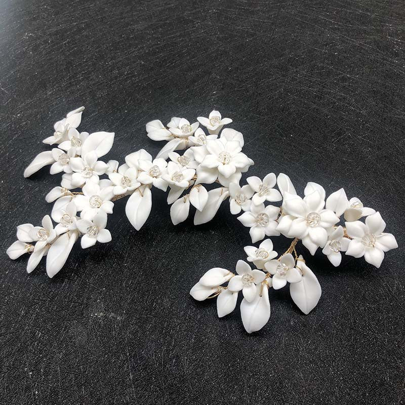 White Ceramic Flower Golden Hair Comb