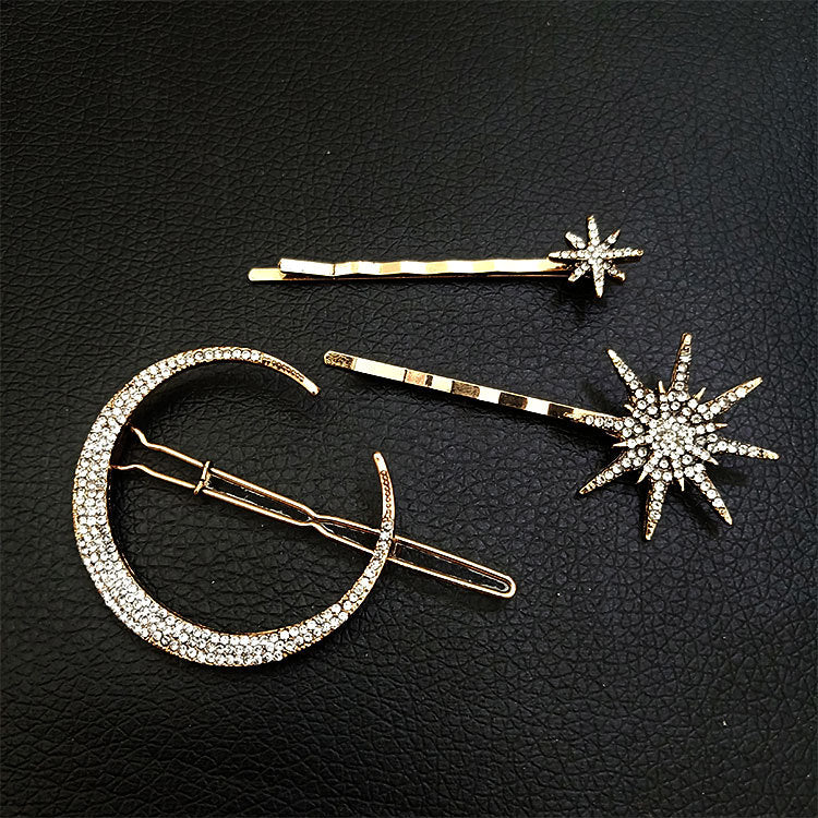 Retro Geometric Diamond Moon Snowflake Star Hairpin Set Word Clip