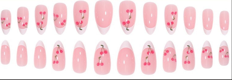 Cherry French Almond-Shape Removable Nail Tips Set Long Lasting Delicate And Girly Style