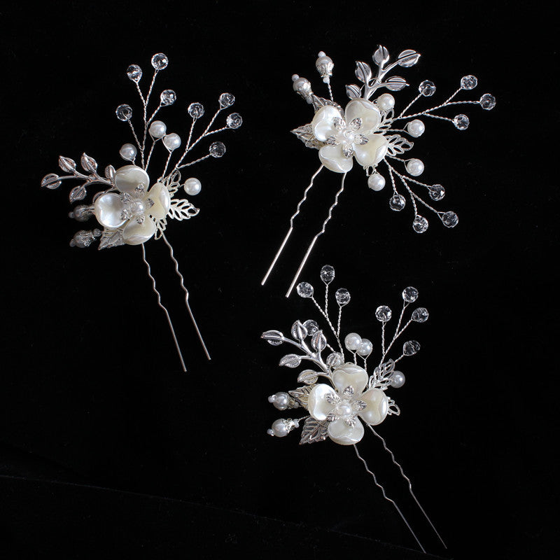 Korean Style Bridal Headdress Pearl Flower Leaf Fork