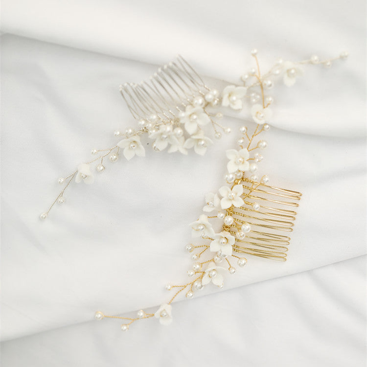 Ceramic Flower Hair Comb Gold Silver