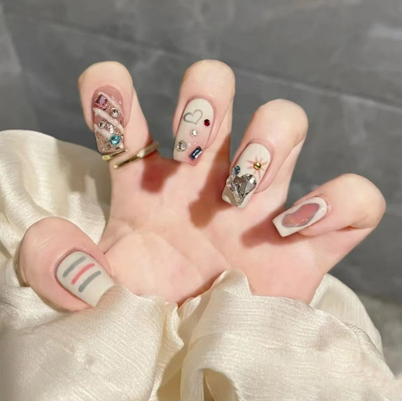 Nail Art Hot Milk White Plaid Graffiti Colorful Crystals Wear Nail Nails