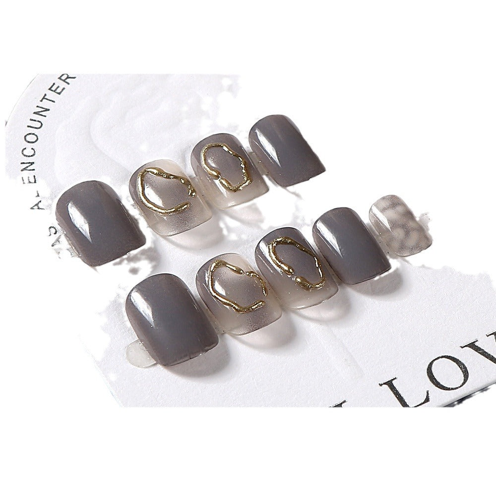 Autumn And Winter Ice Transparent Gray Gold Coil Square Short Nail Tip