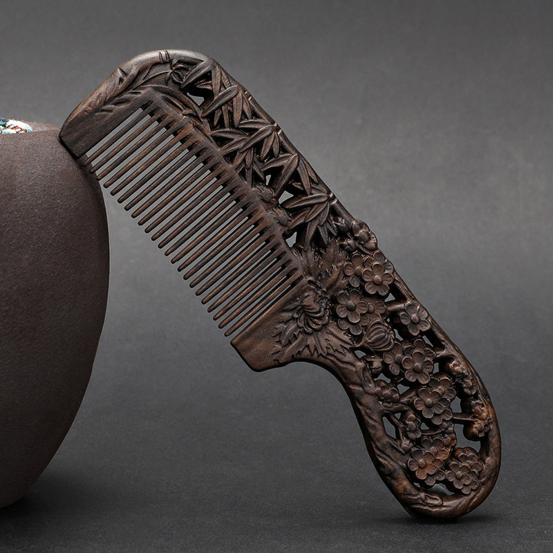 Wooden Ebony With Handle 180 Double-sided Carved Comb
