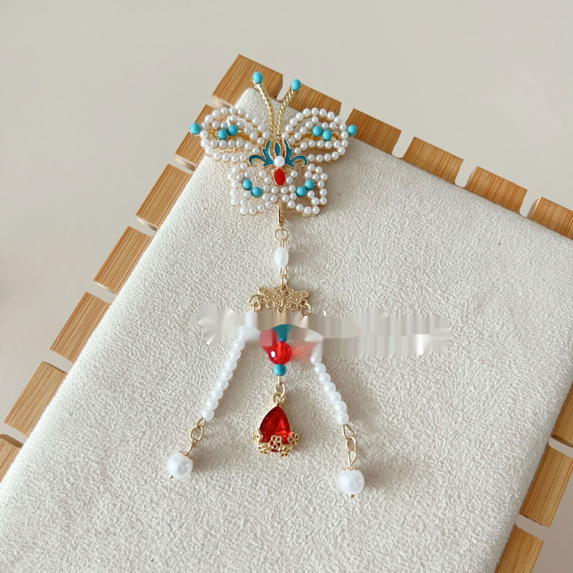 Antique Burning Blue Auspicious Cloud Pearl Butterfly Barrettes Fringed Headwear